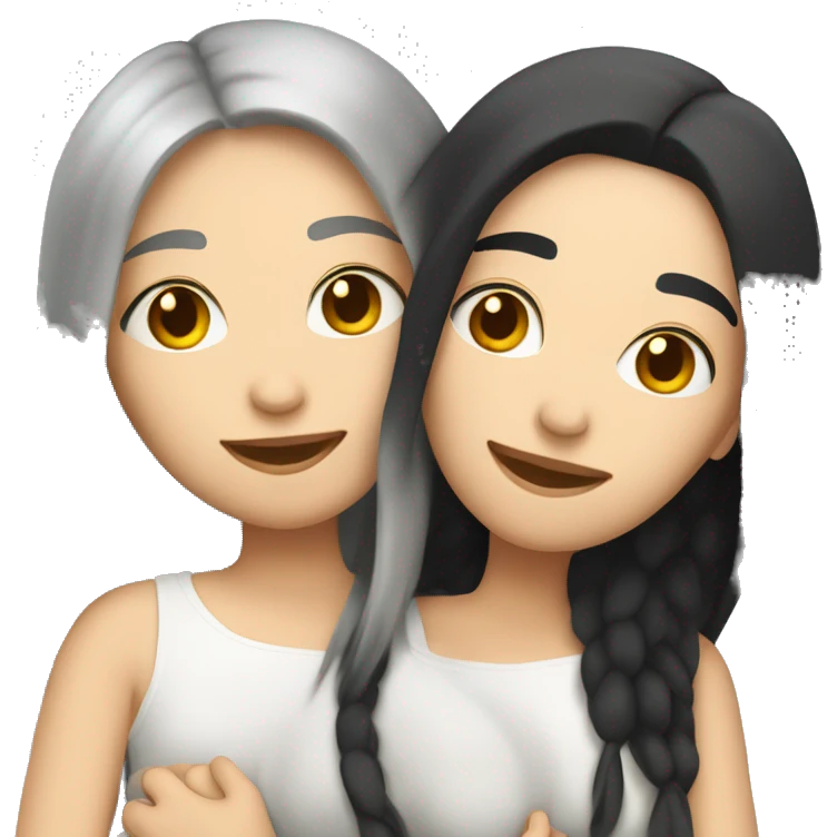 A lesbian couple who both have white skin and long black hair are hugging intimately. emoji