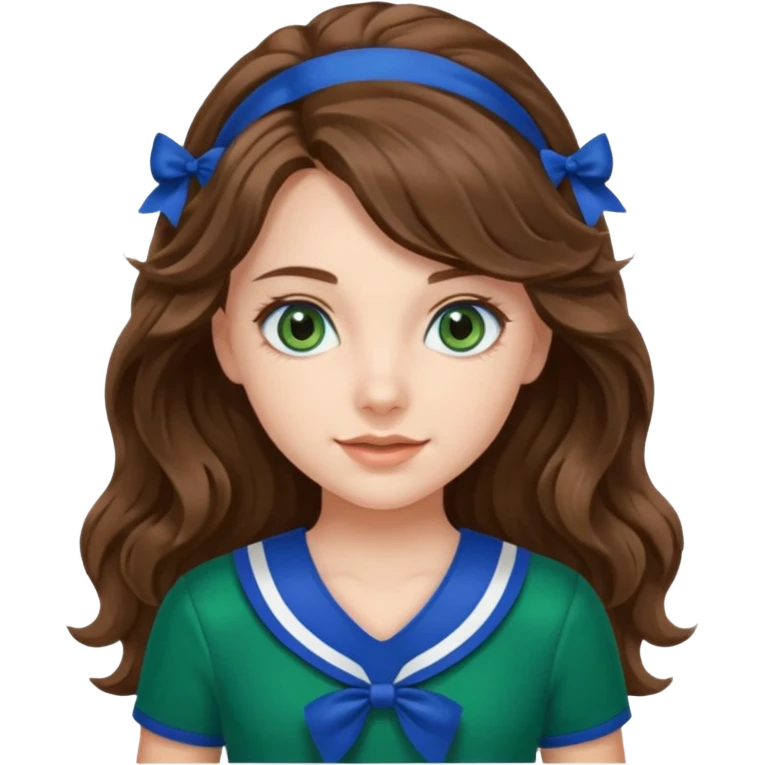 A pretty girl with BLUE EYES, brown long wavy hair, and wear green Hawkins cheerleader uniform emoji