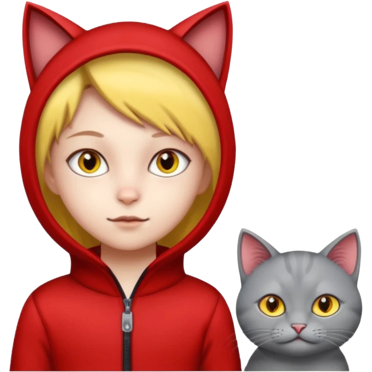 There is a kid wearing all red. Next to him there is a gray cat that has a red cat outfit and the cat has yellow eyes emoji