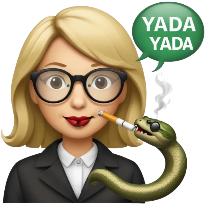can you create a sneaky bitch SNAKE with big glasses smoking a cigarrette? the SNAKE needs to have dirty blonde hair
can you add a text baloon saying "YADA YADA" - it's a snake emoji emoji