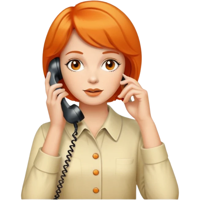 Please create an upper body emoji of a woman with short orange hair talking on a white phone from the 70s. emoji