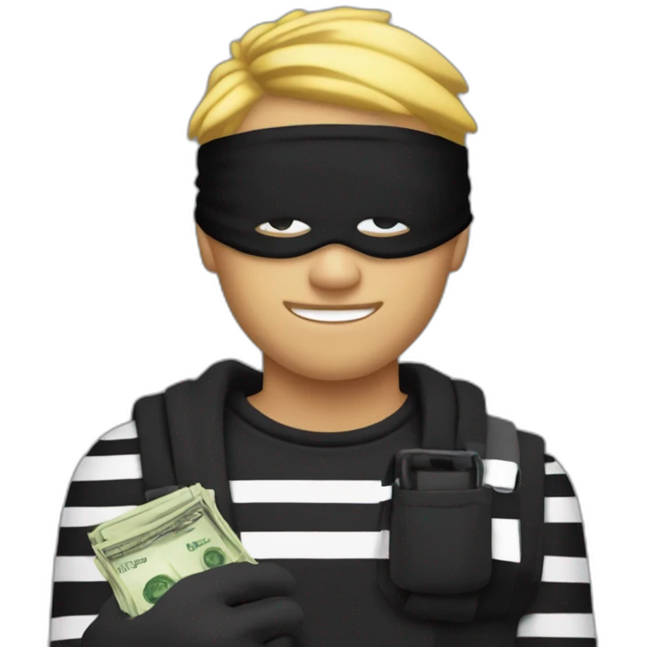robber with blonde hair wearing a black beanie and a long sleeved white and black horizontally striped t-shirt and wearing black eye mask and holding and a bag of money in their left shoulder emoji