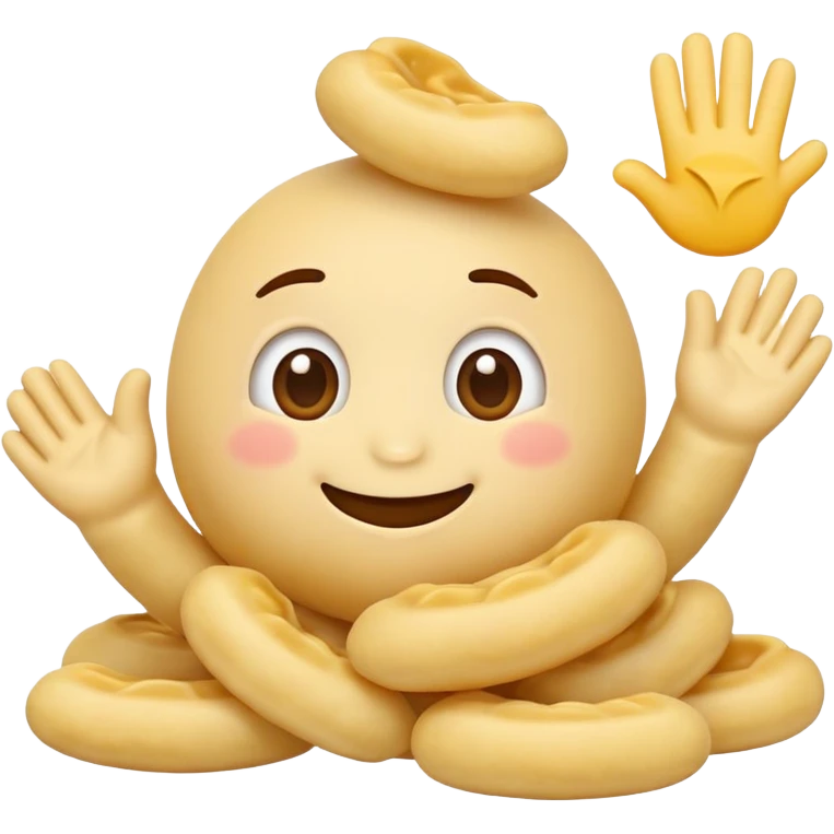 An emoji cartoon gnocchi waving with a tiny smile. Have it say gnocchi too emoji