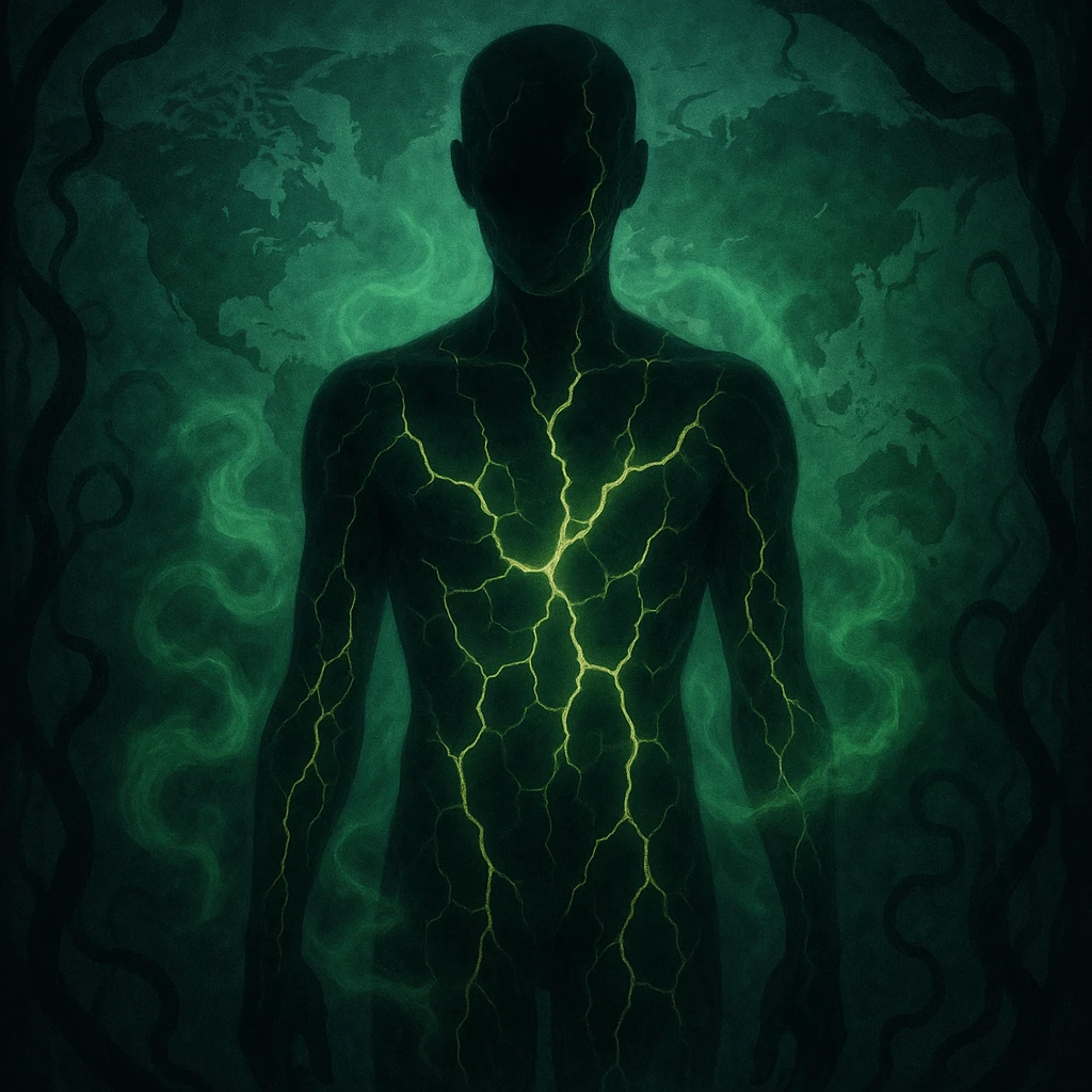 semi-realistic, medical-fantasy human silhouette, glowing cracks and green mist as metaphors for loss of bodily balance and global contamination, world map, dark worm-like forms emoji