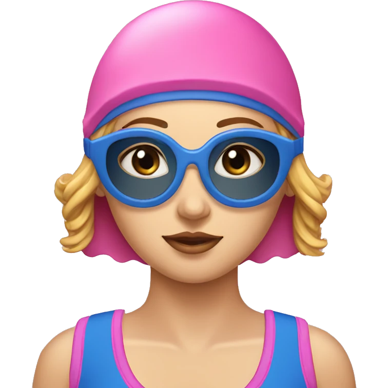 Lady pink swimming cap black lenses googles blue swimsuit  emoji