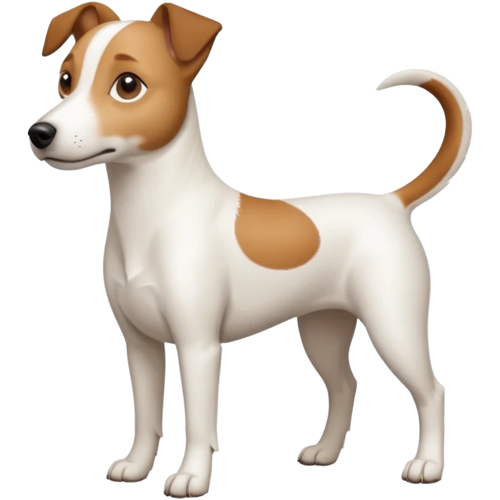 a full body white jack russel looking dog the size of a kelpie with light brown ears and a light brown patch on one eye and a large snout emoji