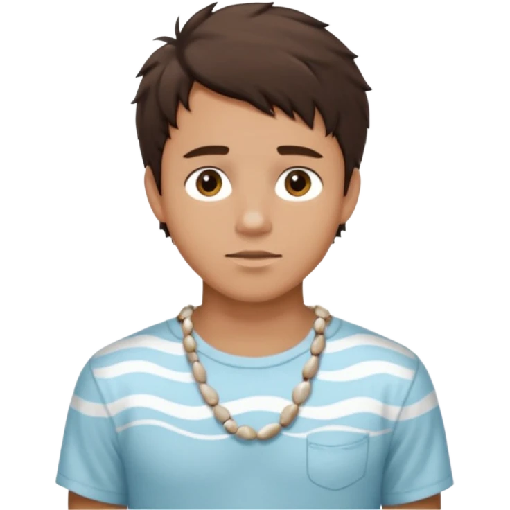 create an emoji of a young man. he has a nice surfer look, with short messy dark brown hair, brown eyes, tanned skin, natural lips. he wears a white sea shell necklace with an open short sleeve shirt emoji