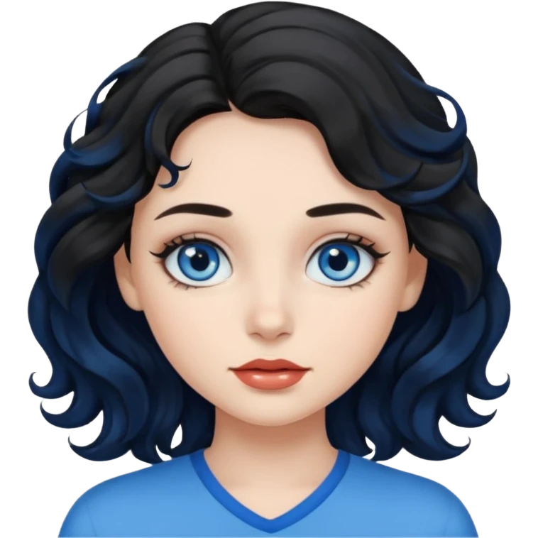 a girl with blue eyes, black wavy hair, clean girl makeup emoji