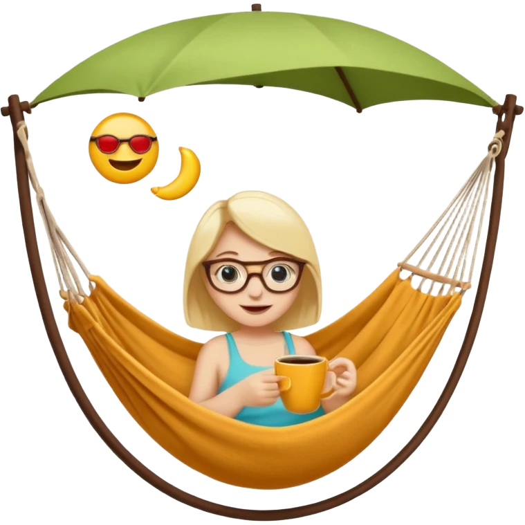 Créer un emoji stylisé et coloré représentant le week-end, joyeux et relaxant. L’emoji doit être rond, lumineux, avec un visage souriant ou des lunettes de soleil. Ajouter des éléments évoquant le repos ou le plaisir : café, hamac, soleil, musique, détente.  emoji