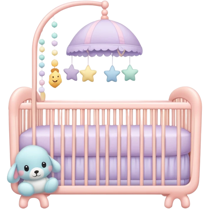 pastel baby nursery items including crib, mobile, and plush toys emoji