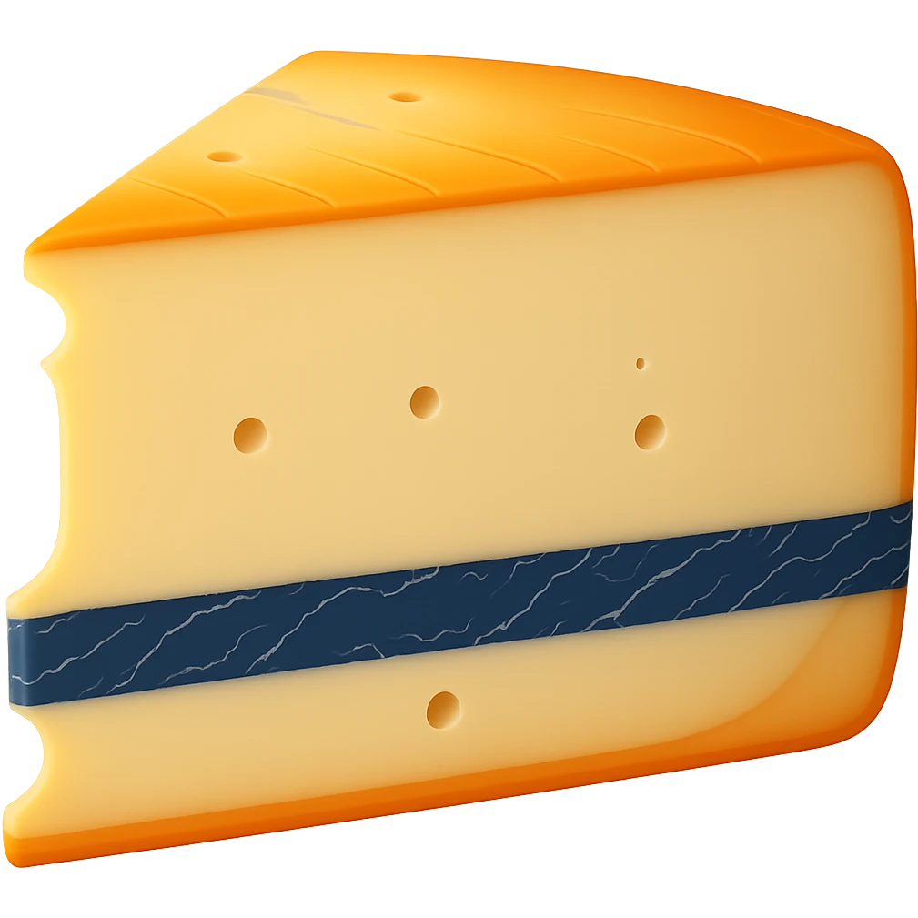 Make the blue-grey ash line in the center of the Morbier cheese wedge noticeably thicker, keeping the rest of the cheese details the same. Maintain the apple emoji style with soft lighting and subtle shadows. Transparent background, emoji scale. emoji