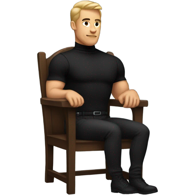 muscle man in black turtleneck shirt and black pants sitting in chair emoji