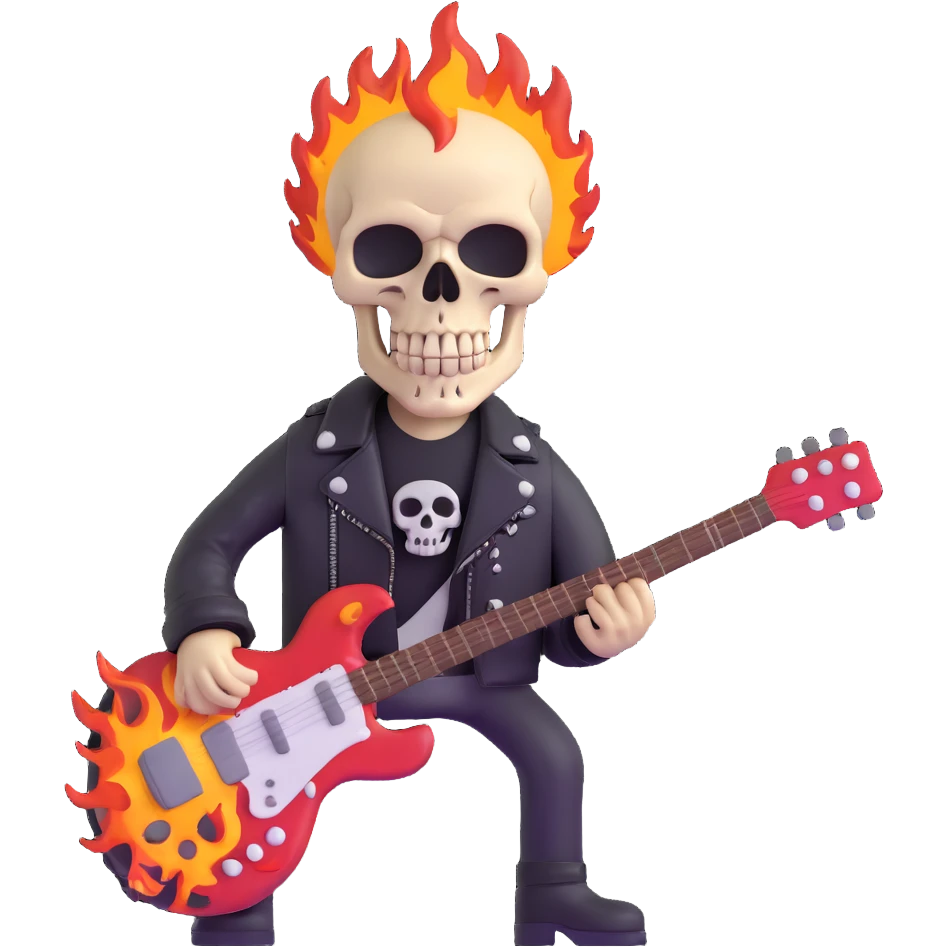 heavy metal skull with flames, electric guitar, leather jacket emoji