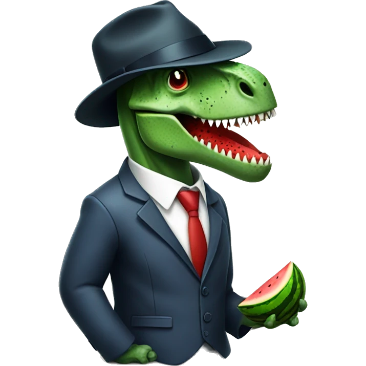 cool dinosaur wearing a suit and tie with a fedora eating watermelon emoji
