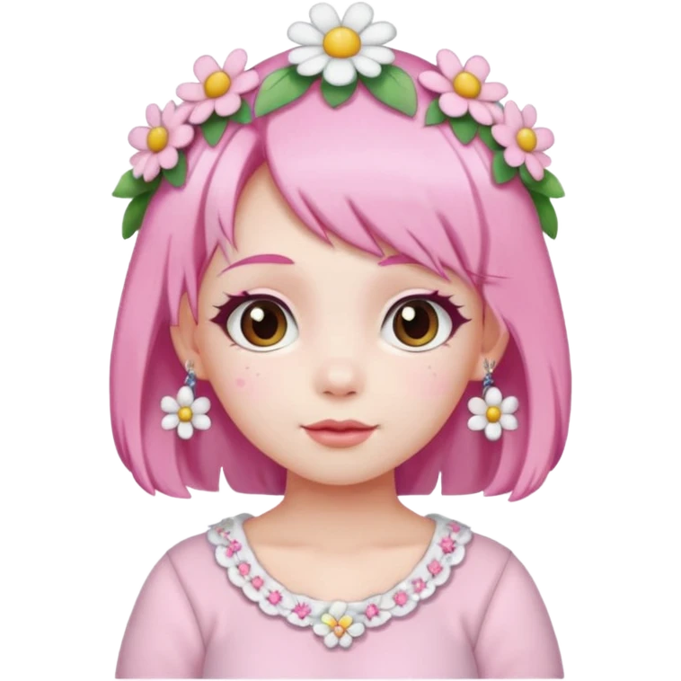 A girl with pink and white hair, adorned with flowers as hair accessories, wearing My Melody clothing.Let the girl be older  emoji