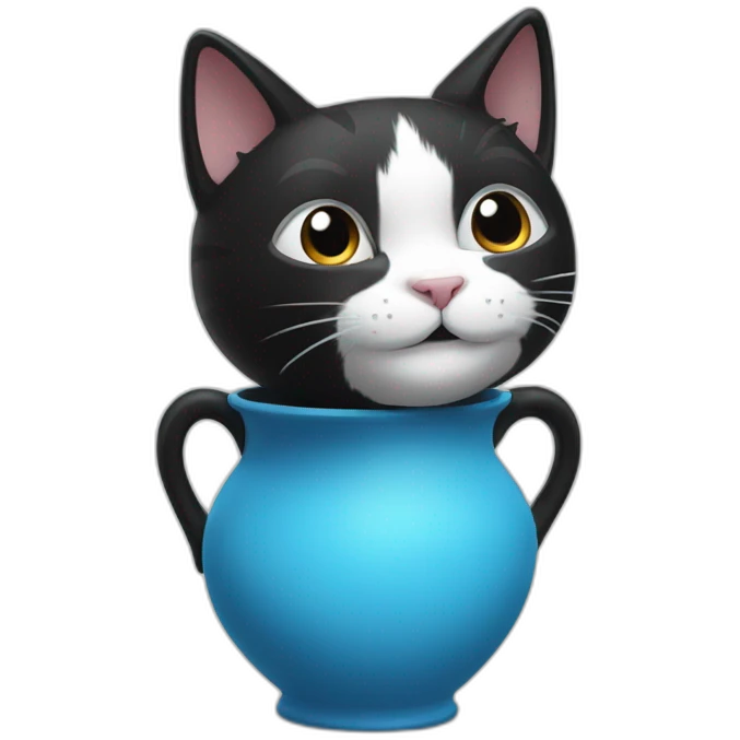 the head of a smiling black and white cat emerging from a blue vase emoji