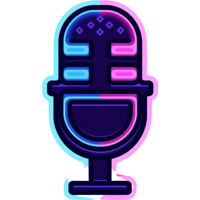 desktop studio microphone with neon glow effect, blue and purple neon glow on top left, pink neon glow on bottom right emoji