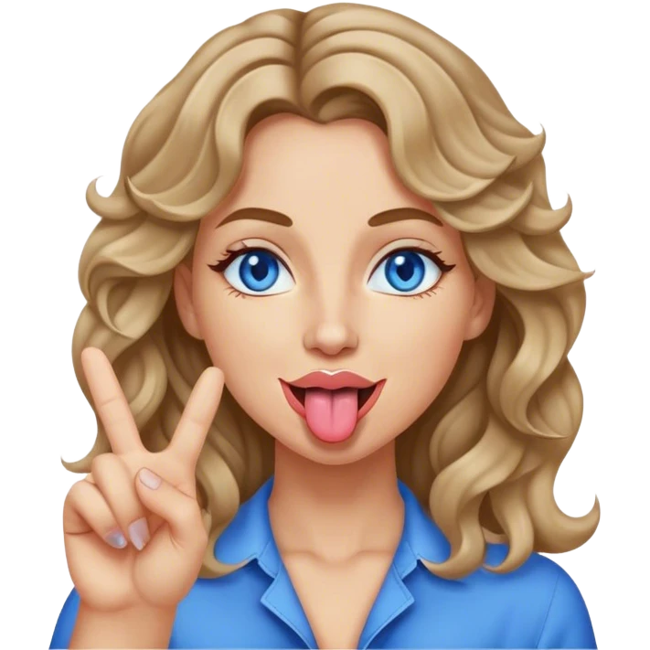 Woman with dark blonde wavy hair blue eyes sticking tongue out giving peace sign emoji