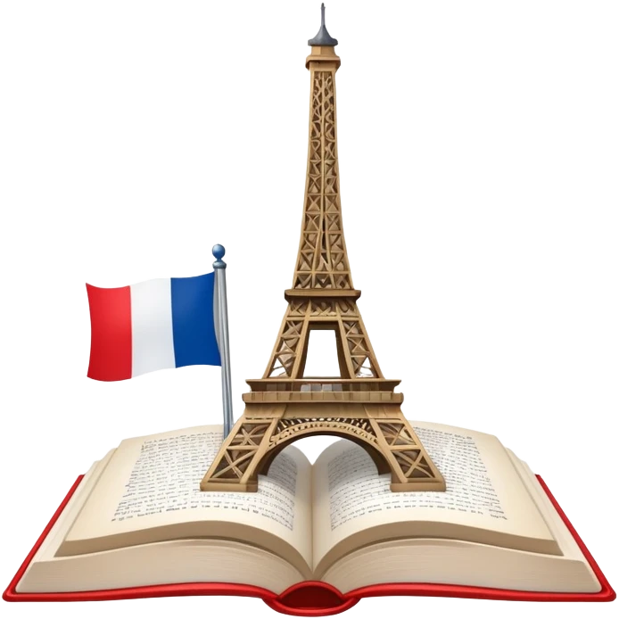 An icon featuring the Eiffel Tower and the flag of France, symbolizing the French language. The design includes an open book with French text, representing language learning and French culture. Transparent background highlights the elegance of the French-speaking world. emoji