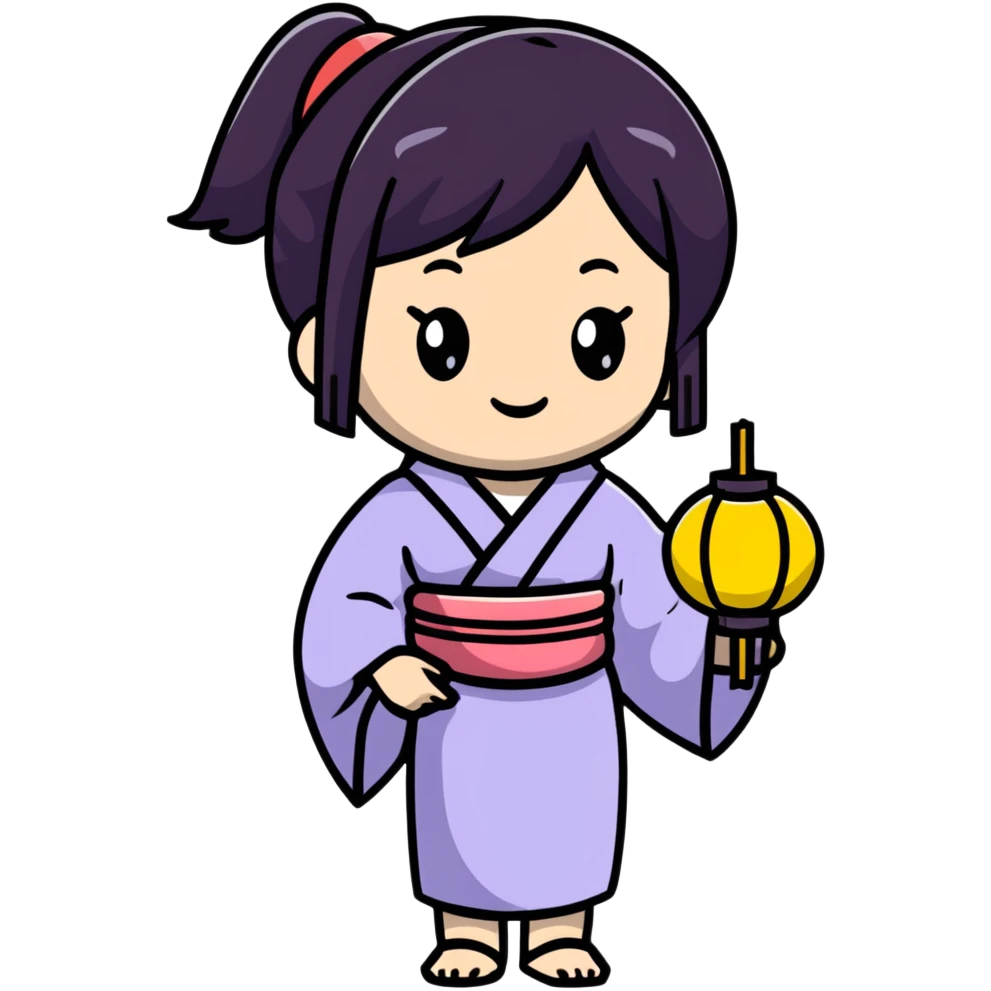 Cute Japanese high school girl in yukata at school summer festival with paper lanterns emoji