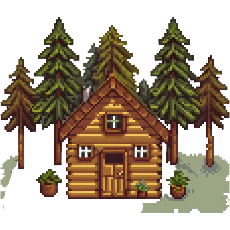 wooden cabin in forest clearing with small garden emoji