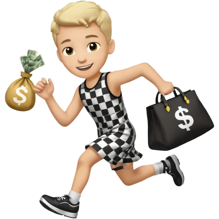 Robber running with Money bag black and white check dress boy emoji