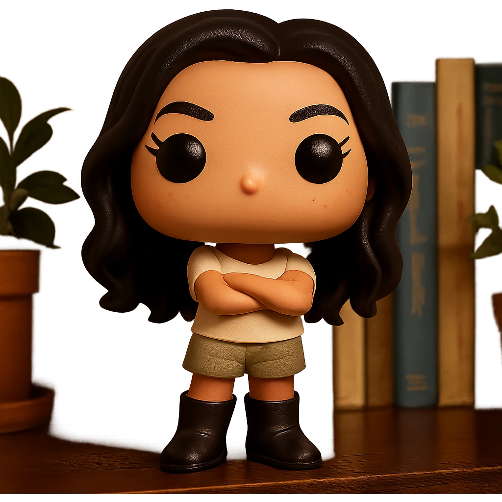 Enhance the Funko Pop style image with smooth tanned skin, dark hair with subtle auburn highlights, even darker leather boots, textured clothing (cream top, greige bottom), crossed arms, rosy cheekbones, very subtle freckles, no neck, eyebrows with a mischievous and playful expression, no mouth, transparent background. emoji