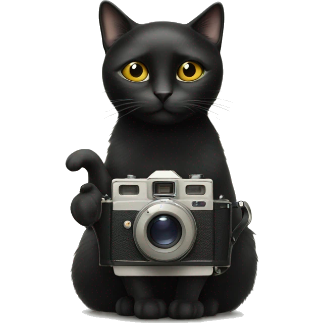 a single black cat holding a vintage film camera emoji
