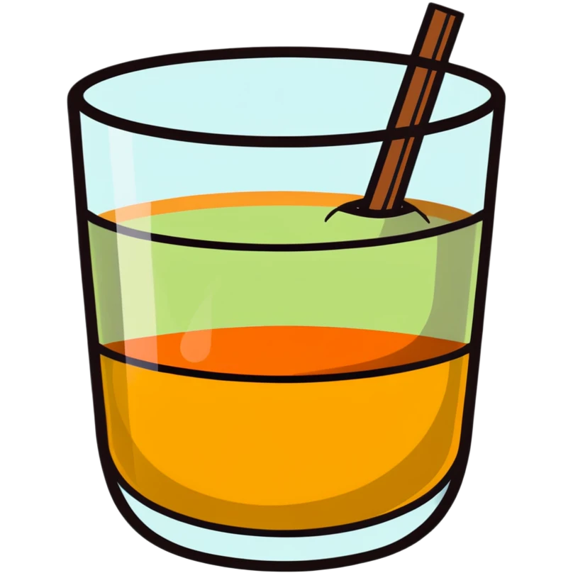 small transparent glass with layered carajillo - yellow-orange liquor visible at bottom, coffee layer on top, with cantaloupe melon slice alongside emoji