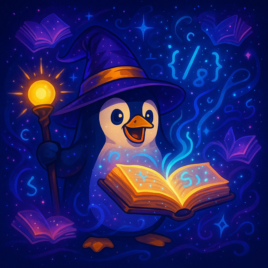 Make the penguin wizard scene even more magical, with glowing runes, swirling sparkles, floating spellbooks, and a shimmering aura around the penguin and spellbook. Enhance the magical atmosphere with vibrant mystical effects. emoji