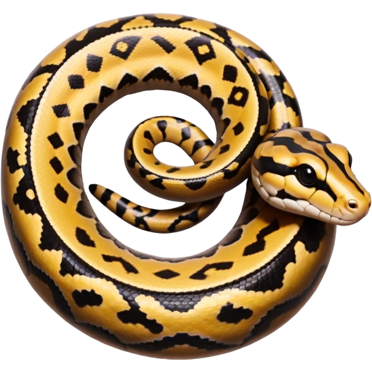 A photo-realistic top-down view of a Ball Python gently coiled into a tight spiral, with its head resting peacefully at the center. Its scales are warm brown with bold, irregular black markings, including the distinctive “alien-head” pattern, flowing smoothly along its body.  emoji
