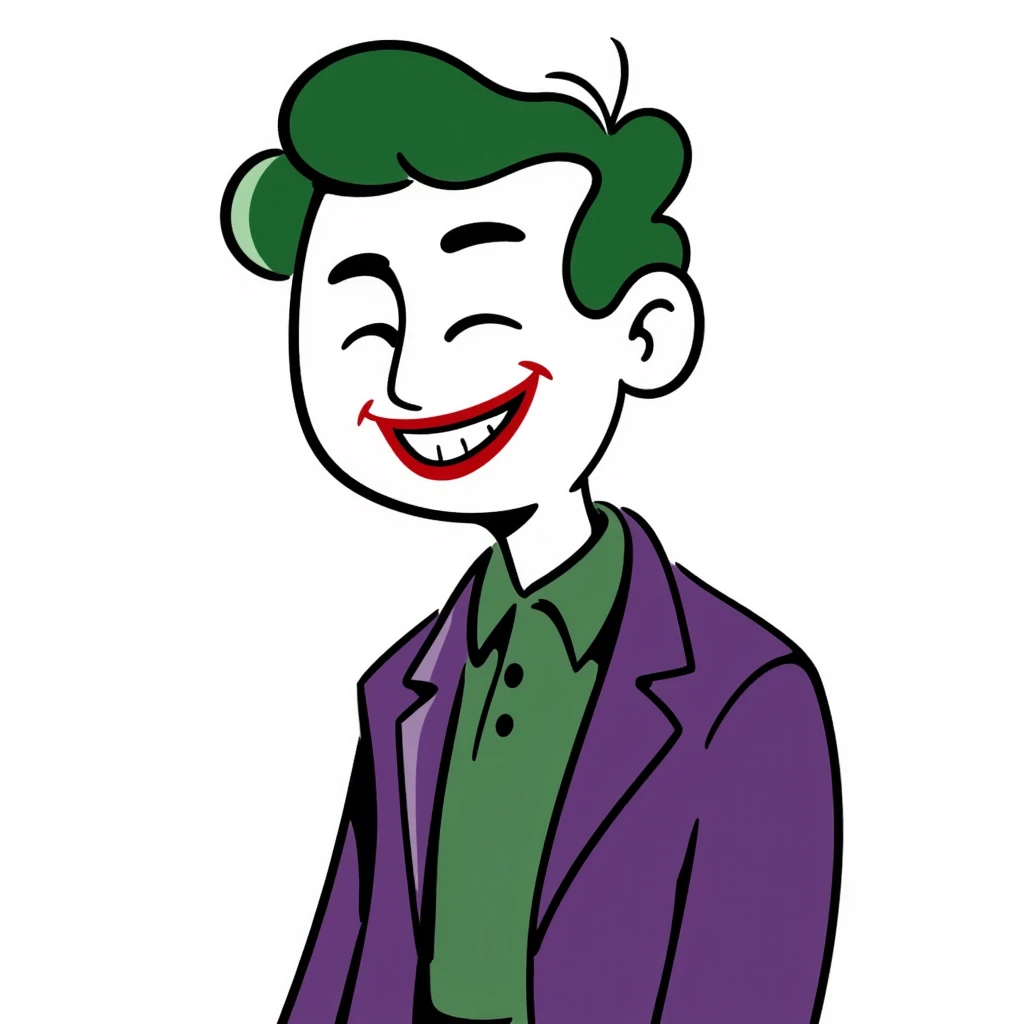 The Joker villain full body with green hair, purple suit, white face, red lips, maniacal laugh emoji