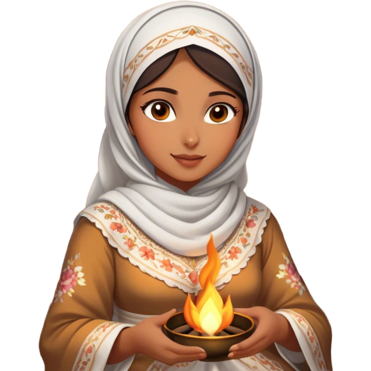 A Arab woman dressed in a beautiful floral traditional outfit with a delicate white headscarf sits by a fire at night. The warm glow of the flames highlights her radiant features, giving the scene a soft, serene, and intimate feel. emoji