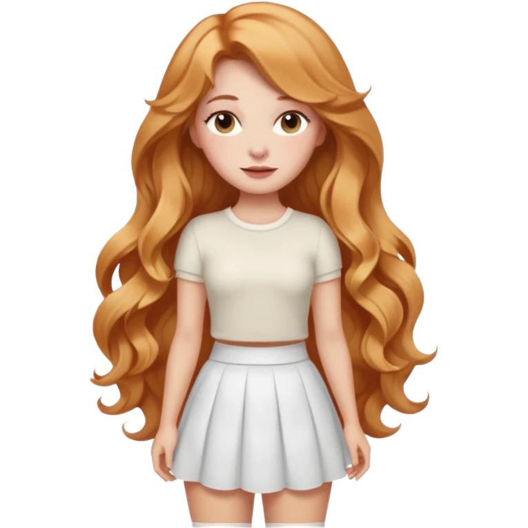 white girl with strawberry blonde super long wavy hair, white skirt, blushed cheeks emoji