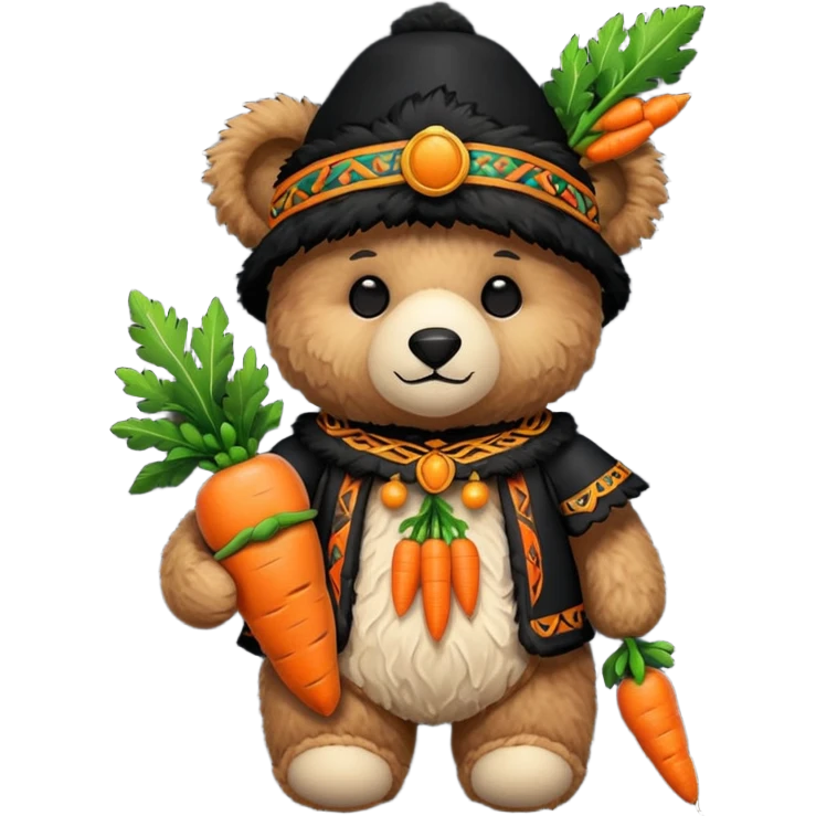 teddy bear, wearing black mayan ancient custome, with carrot emoji