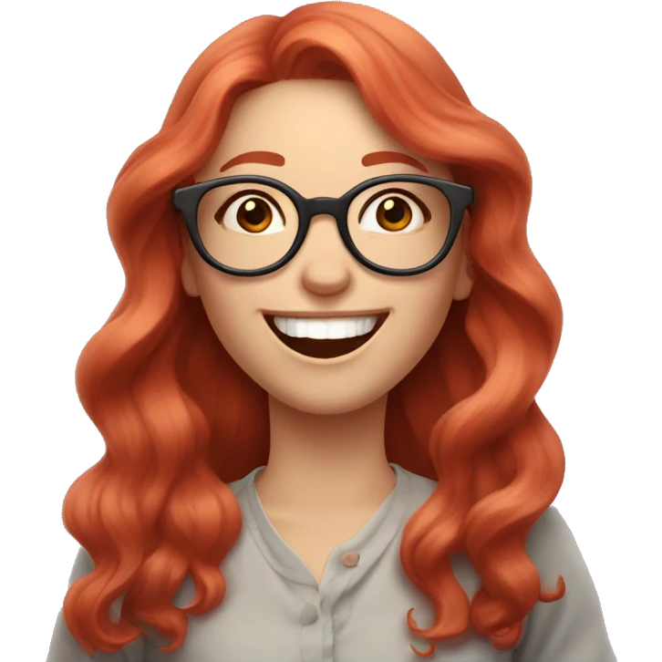 Pale, Long Wavy haired red head, girl with pink circular glasses glasses laughing and pointing emoji