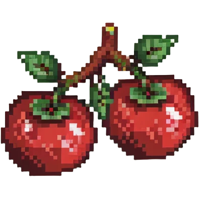 Pixel art of two red cherries on a brown branch with green leaves emoji