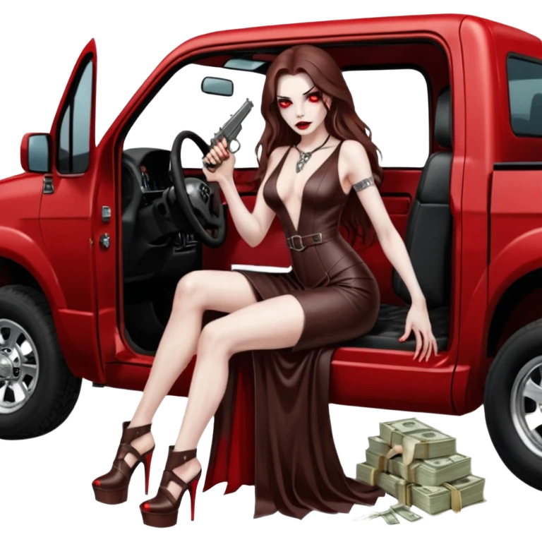 Lilith symbol red eye seductress evil long brown haired sexy succubus woman with leather long dress with slit on, sitting in Big Large F350 pickup truck. Platform long high heels on feet. Back seat full of stacks of cash, she is  Holding a man dead human skull of her enemies and a gun in other hand emoji