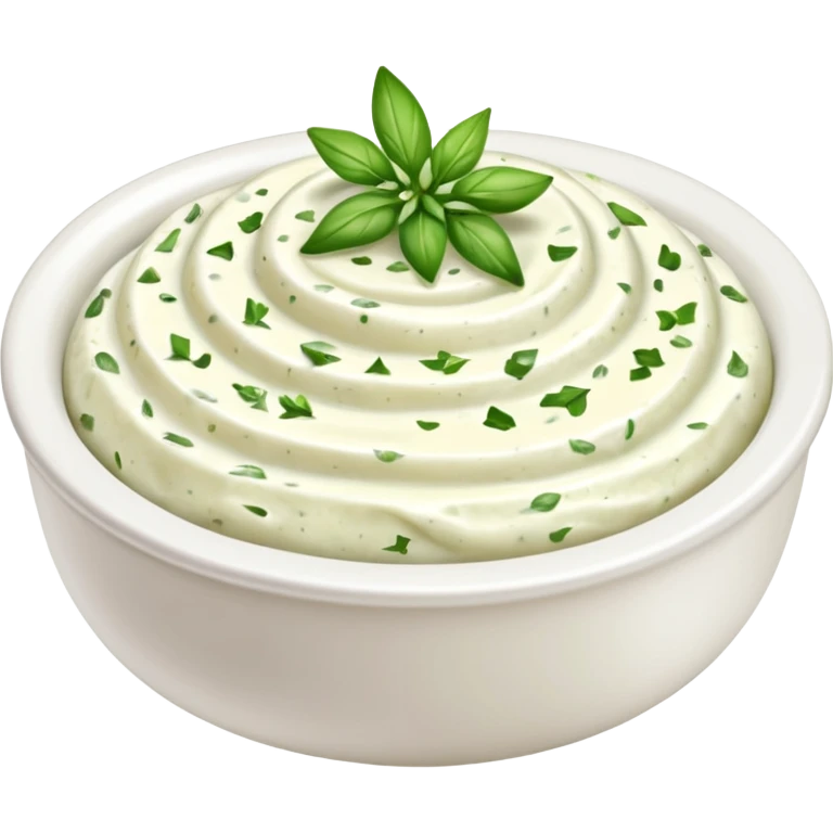 garlic and herb cream cheese thick dollop or swirl white green herb flecks garlic bits smooth glossy visible flecks optional ramekin no bread vegetables garnish or faces clean 3D soft shadows transparent background emoji scale emoji