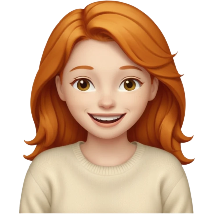 Gorgeous Ginger girl laughing with head tilted back happily wearing cream sweater emoji