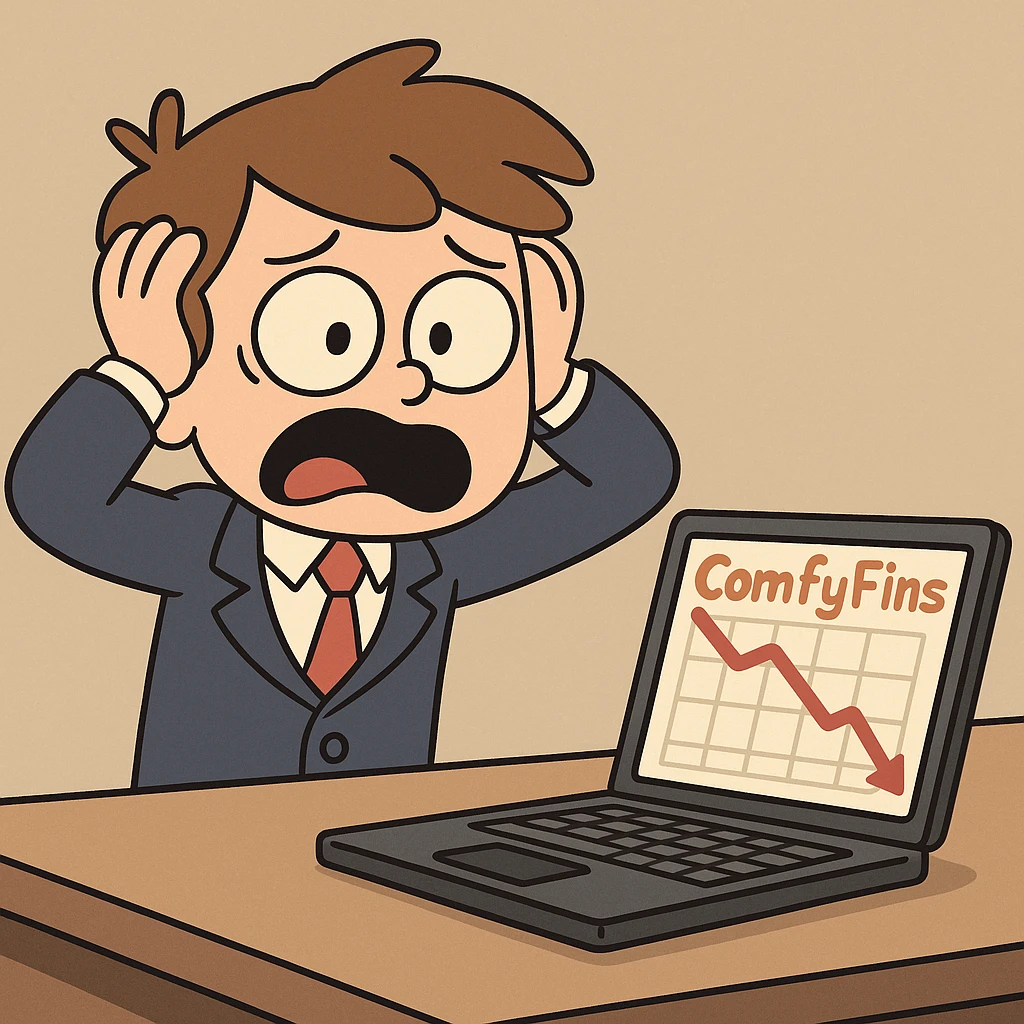 young business kid, founder of ComfyFins, shocked as his business crashes, cartoon style emoji