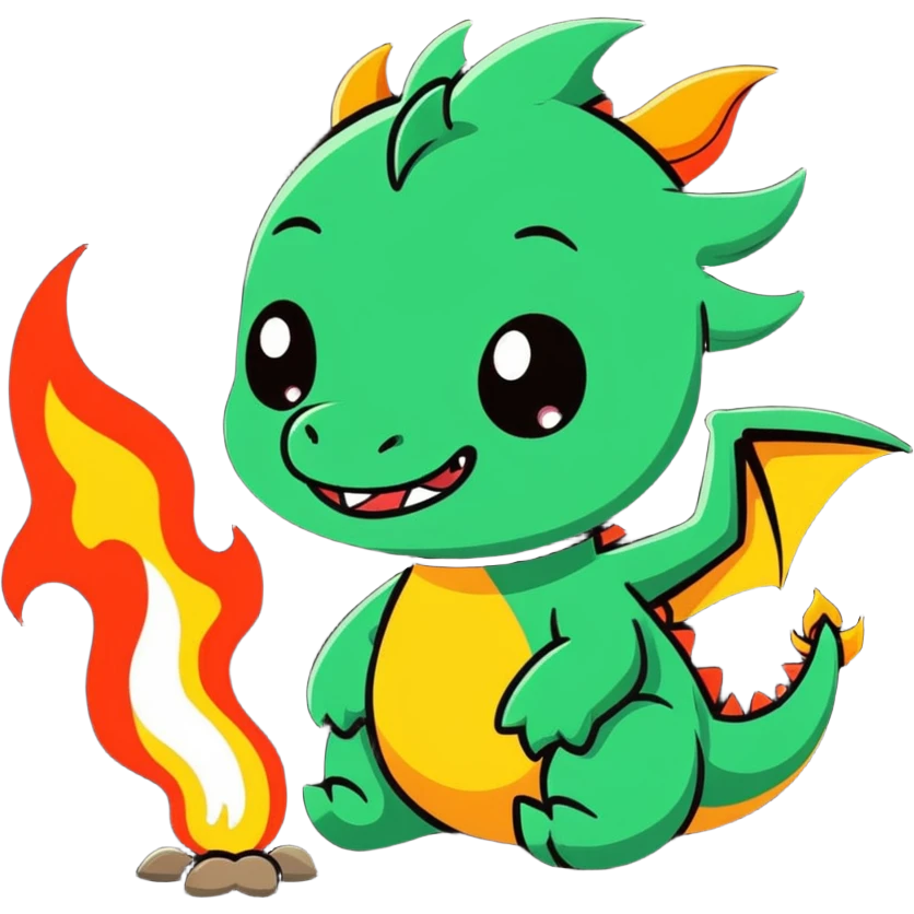 cute baby dragon breathing fire, dark green emoji