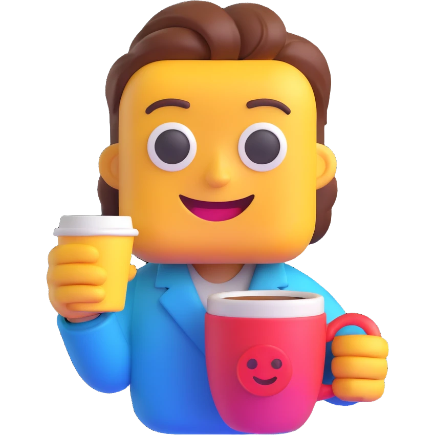 Transform the character into a UI designer in the same 3D emoji style. Surround her with colorful UI elements such as buttons, sliders, and windows, while maintaining her friendly expression and coffee cup. emoji
