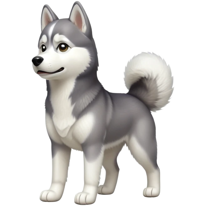 cinematic-[siberian husky]-realistic-full-body-standing-emoji,-tail-resting-loosely-beside-its-paws,-head-tilted-dramatically, -fluffy-[grey and white]-fur,-simplified-yet-realistic-focused-features,-highly-detailed,-glowing-with-an-almost-sarcastic-glow emoji