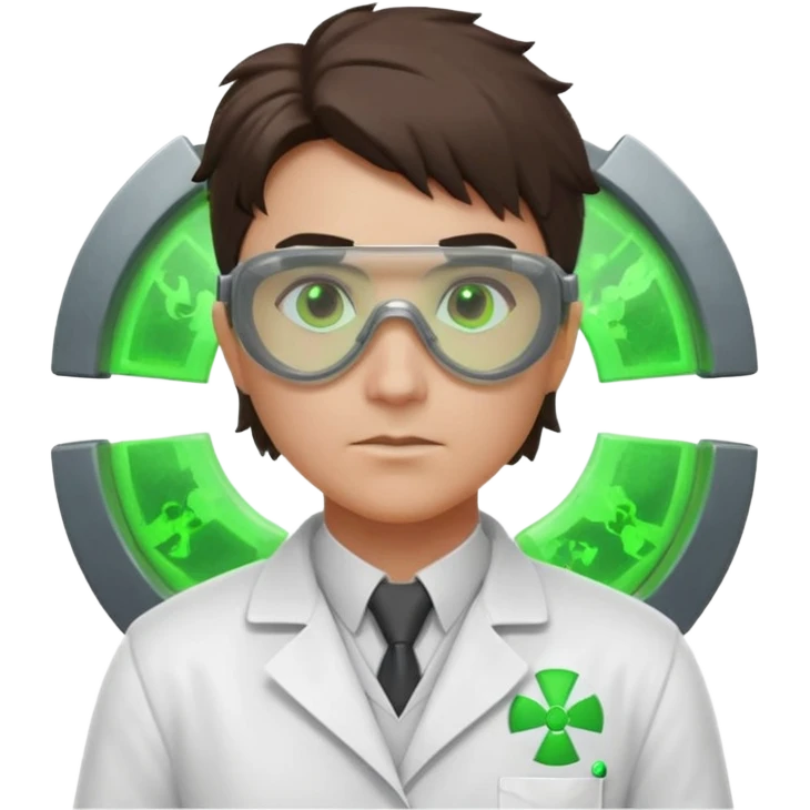 nuclear scientist portrait, head and shoulders only, wearing lab coat collar, protective goggles, glowing green radiation symbol badge, serious expression, sci-fi laboratory vibe, 3D cartoon, mobile game icon style, clean background, no text, no watermark
 emoji