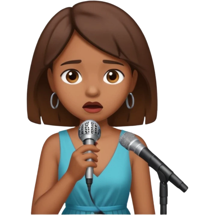 Brown skin girl singing into a microphone looking sad  emoji