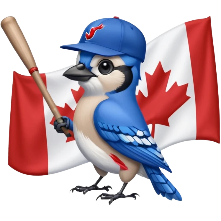 bluejay standing swinging bat, toronto blue jays baseball hat, holding canadian flag
 emoji
