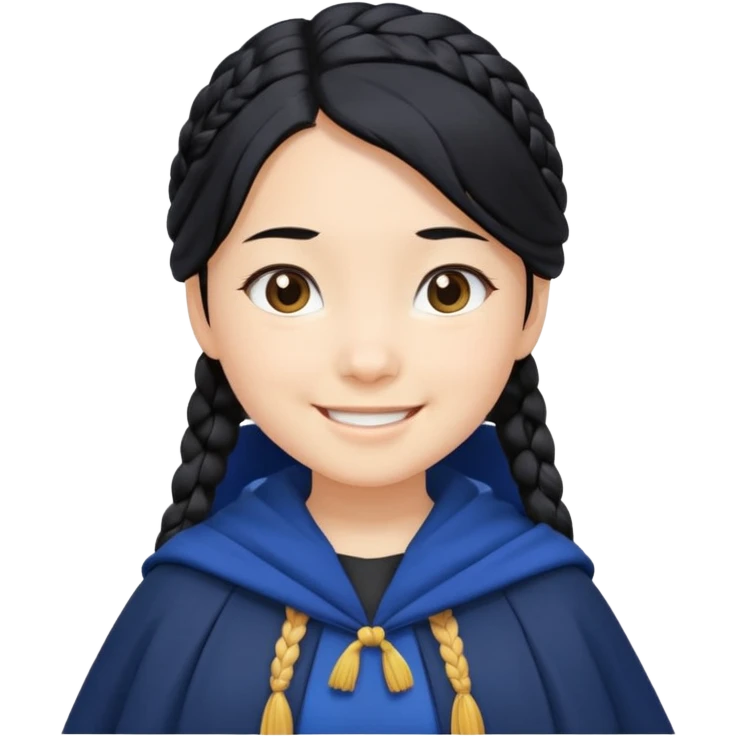 braid black hair, white asian girl, dark blue cloak, happy smaile emoji