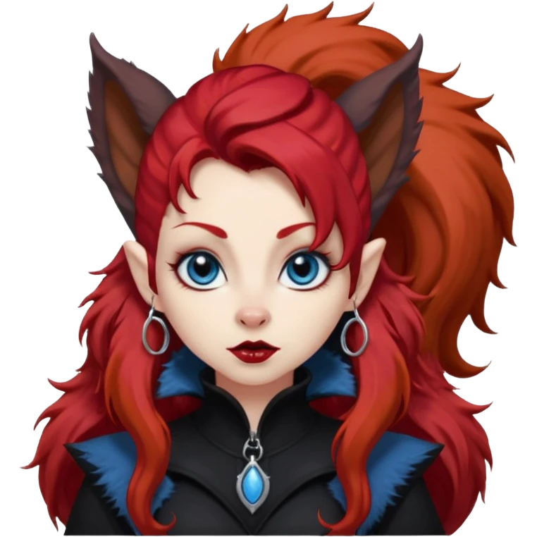 long super curly blood red hair (darker), red pointed squirrel ears with black trim, black goth outfits, body and face human, blue eyes, more pointy chin, black lipstick, one big fluffy red squirrel tail with black tips, close her mouth, less evil looking emoji