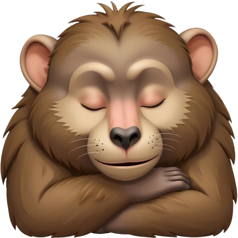 Meme-Worthy Cute Sleeping Baboon Portrait Emoji, Head resting peacefully with a contented smile, showcasing a robust build and a luxuriously soft Fur of earthy browns, eyes shut in a serene, restful nap, Simplified yet hilariously adorable features, highly detailed, glowing with a soft, drowsy light, high shine, relaxed and utterly lovable, stylized with an air of playful laziness, bright and heartwarming, soft glowing outline, capturing the essence of a comically sleepy baboon, so meme-worthy it feels like it could instantly become the next viral sensation of adorable slumber! emoji